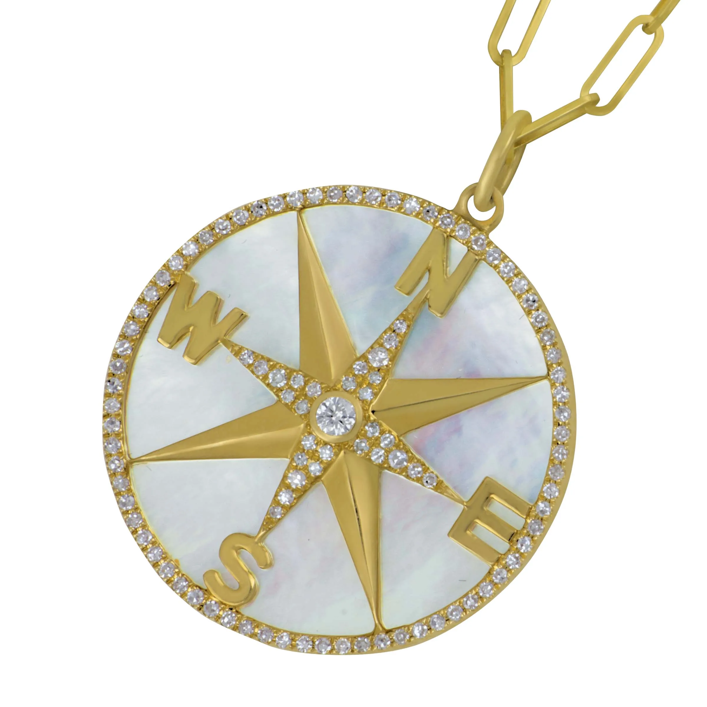 14k Yellow Gold Mother of Pearl Compass with Gold Letters ( D=0.35TW GH/SI1 PD 18" Chain)