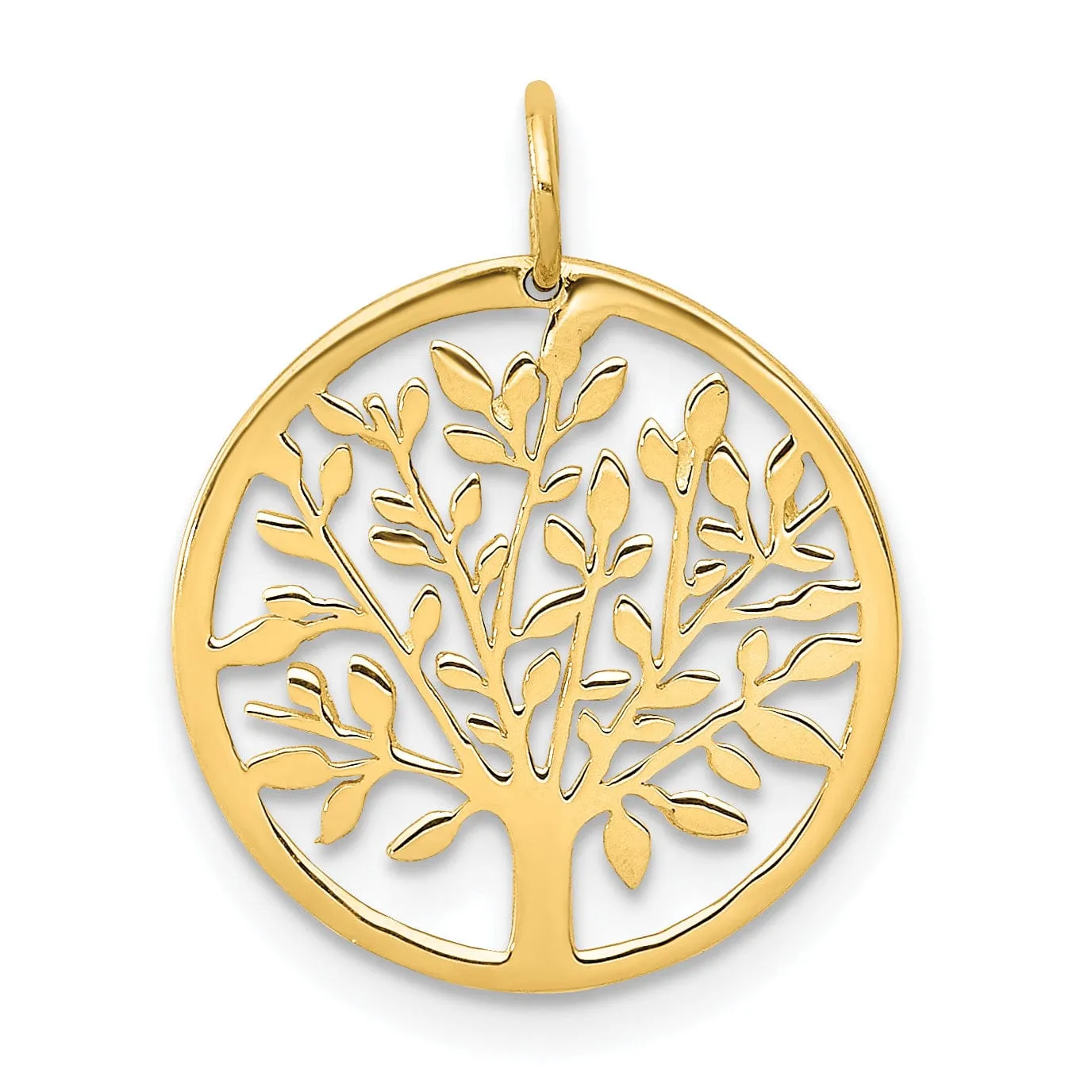 14k Yellow Gold Open Back Solid Diamond Cut Polished Finish Tree of Life in Round Shape Frame Charm Pendant