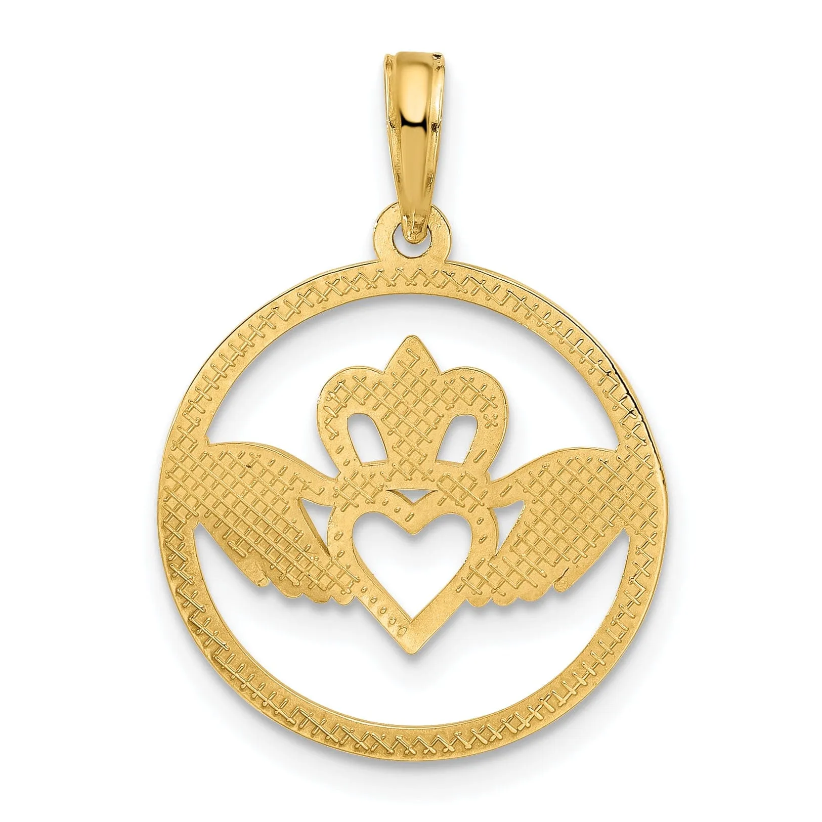 14k Yellow Gold Open Back Textured Solid Polished Finish Womens Claddagh Circle Design Charm Pendant