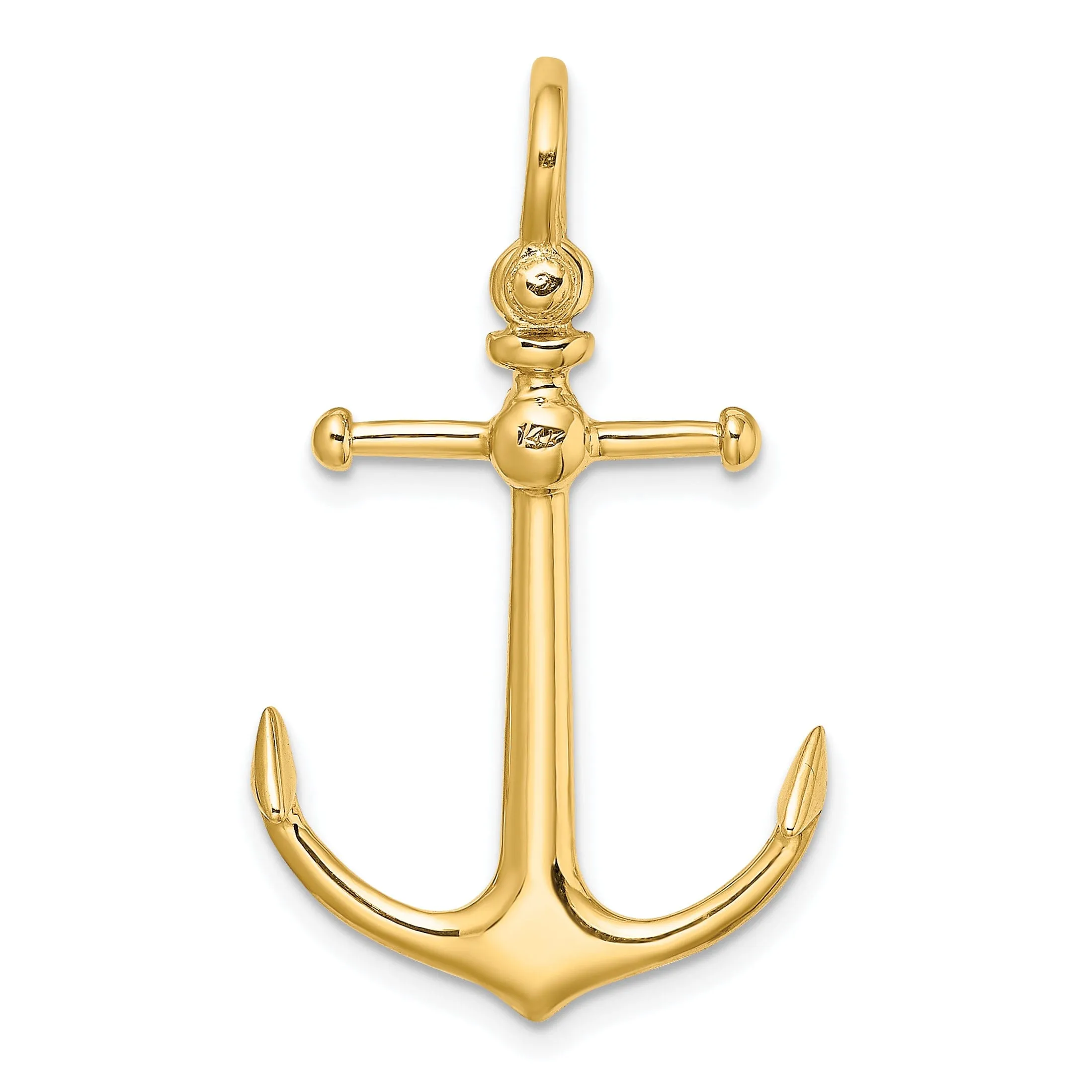 14K Yellow Gold Polished Finish 3-Dimensional Anchor with Shackle Bail Charm Pendant