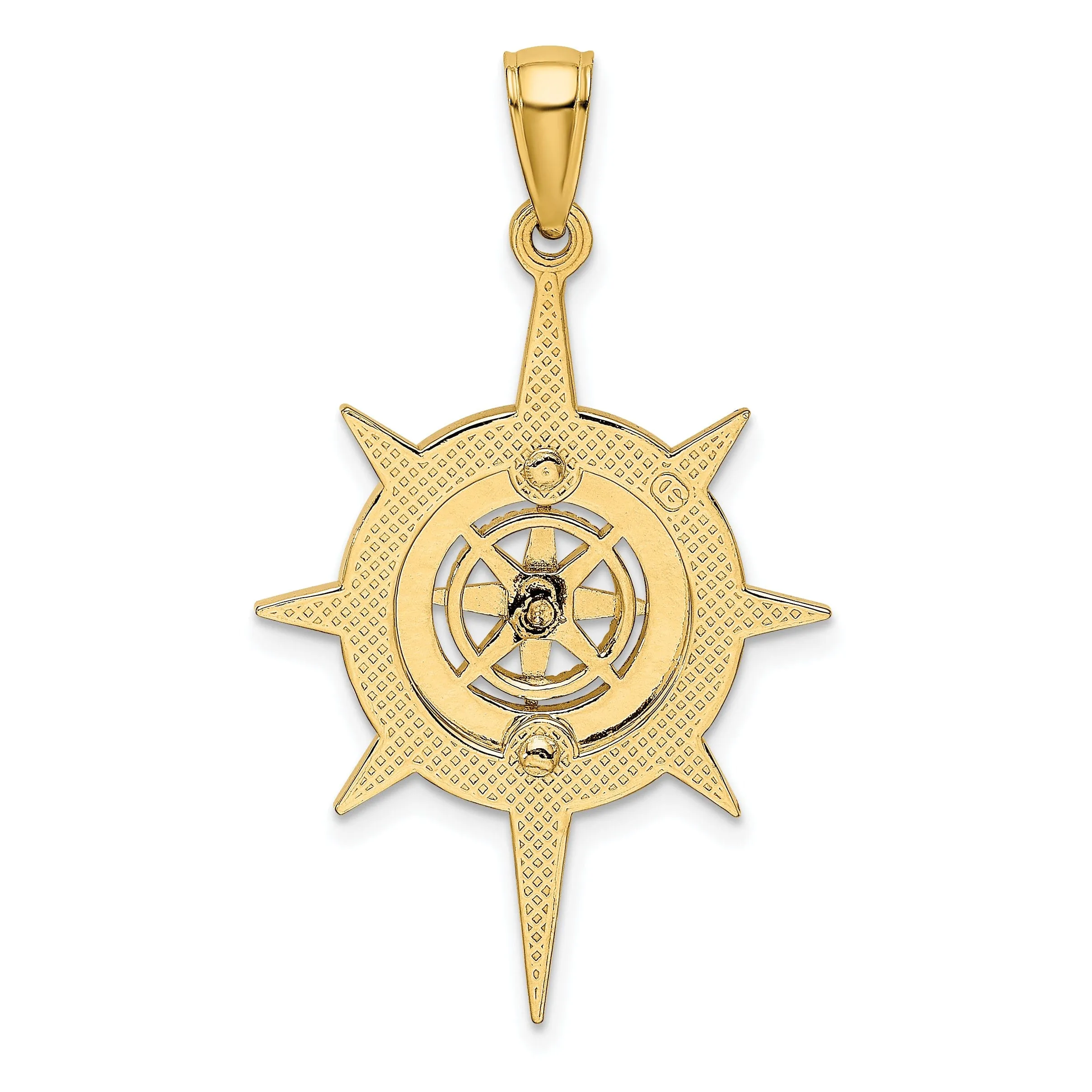 14K Yellow Gold Polished Finish Star Frame Nautical Boating Compass in Center Charm Pendant