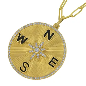14k Yellow Gold Round Compass with Black Letters ( D=0.32TW GH/SI1 PD 18" Chain)