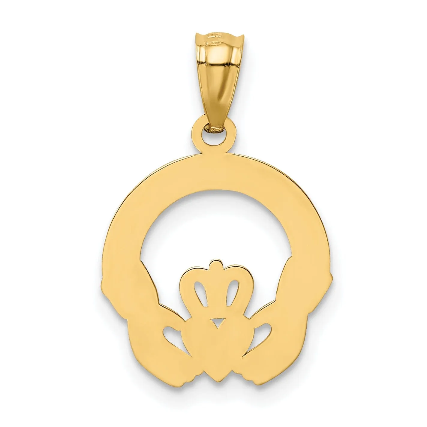 14k Yellow Gold Solid Satin Diamond Cut Finish Flat-Backed Claddagh Design Charm Pendant