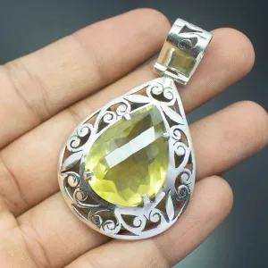15.3g, Totally Handmade Natural Lemon Quartz Checker Pear Shape 925 Sterling Silver Pendant