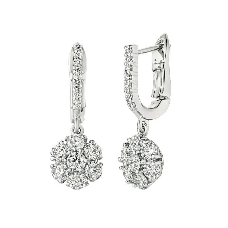1.70 Carat Natural Diamond Flower Drop Earrings G SI 14K White Gold