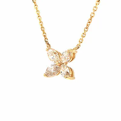 18K Marquise Diamond Flower Pendant Necklace Yellow Gold