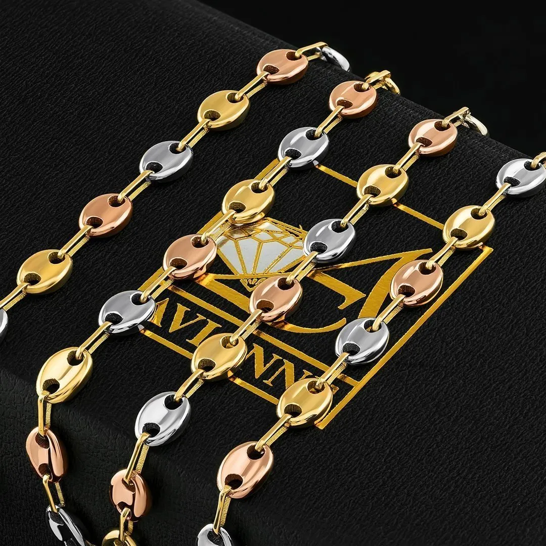 18k Tri-tone Gold Anchor Puff Link Chain 6 mm