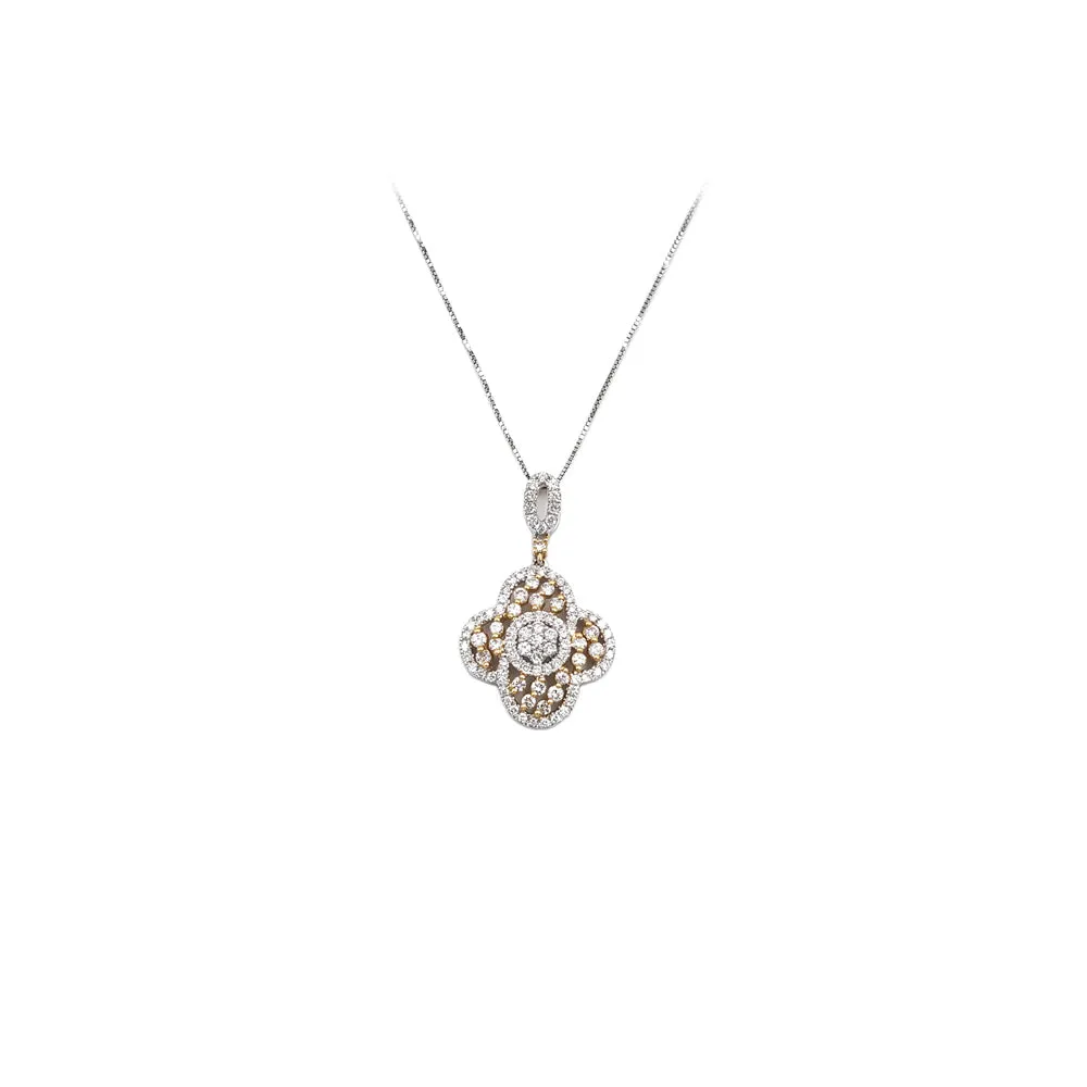 18K White Gold and Yellow Gold Flower Design Diamond Pendant Necklace