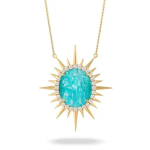 18K YELLOW GOLD DIAMOND NECKLACE WITH CLEAR QUARTZ OVER AMAZONITE IN SATIN FINISH