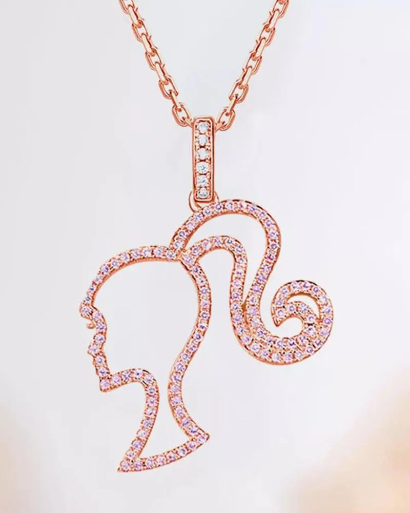 1pc Hollow Rhinestone Barbie Head Shaped Pendant Necklace