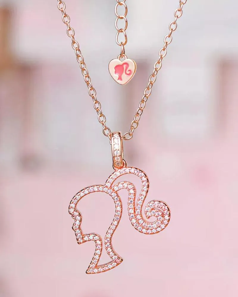 1pc Hollow Rhinestone Barbie Head Shaped Pendant Necklace