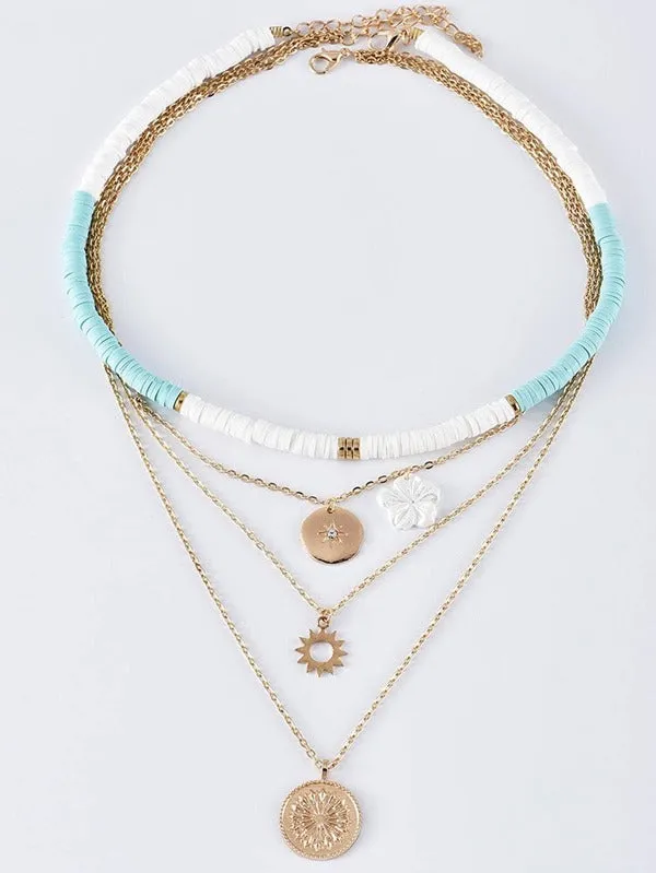 2 pc Beach Style Floral Charm Layered Necklace Set