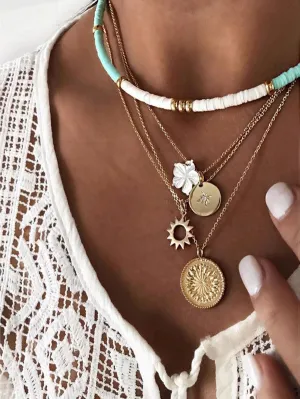 2 pc Beach Style Floral Charm Layered Necklace Set