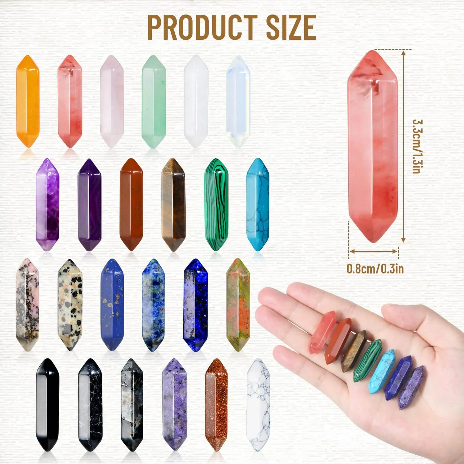 24Pcs Healing Crystals Stones Sets, Hexagonal Bullet Shaped Reiki Meditation Gemstone Chakra Stones Tiger Eye Obsidian Quartz Crystals Gemstone Wand Set Pendants with Storage Box