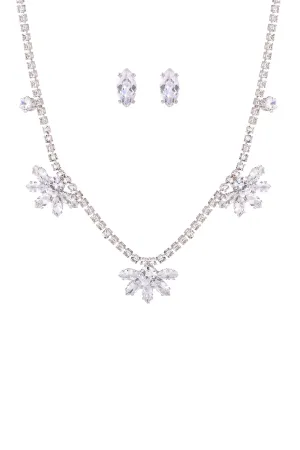 3 FLOWER CUBIC ZIRCONIA W/ RHINESTONE NECKLACE AND EARRING SET