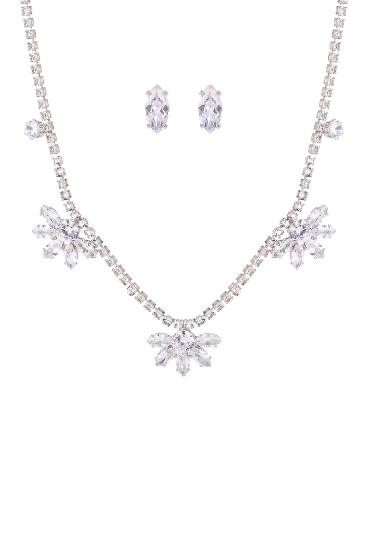 3 FLOWER CUBIC ZIRCONIA W/ RHINESTONE NECKLACE AND EARRING SET