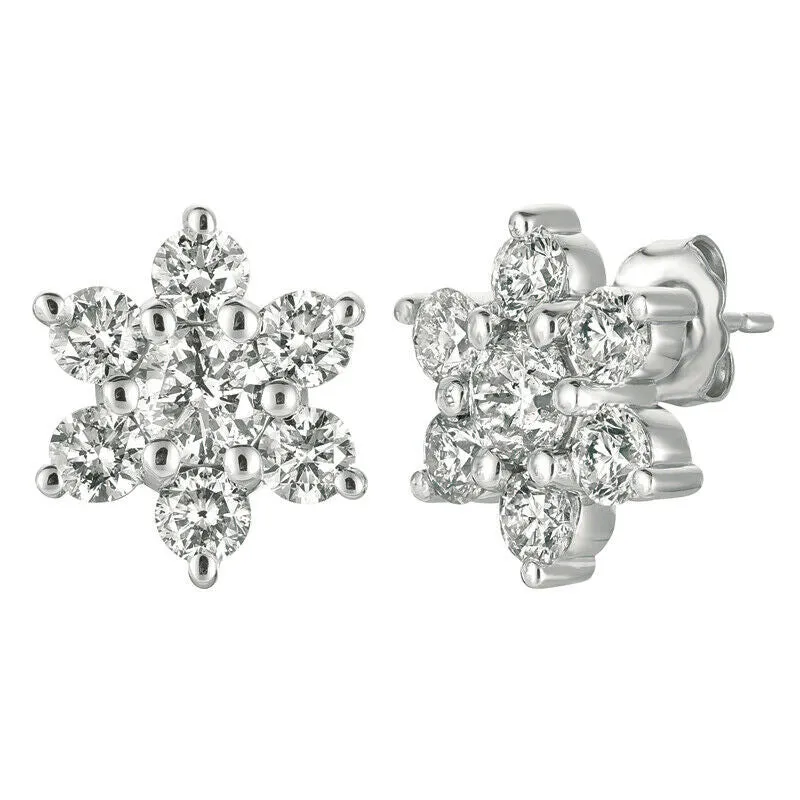 3.00 Carat Natural Diamond Flower Cluster Earrings G SI 14K White Gold