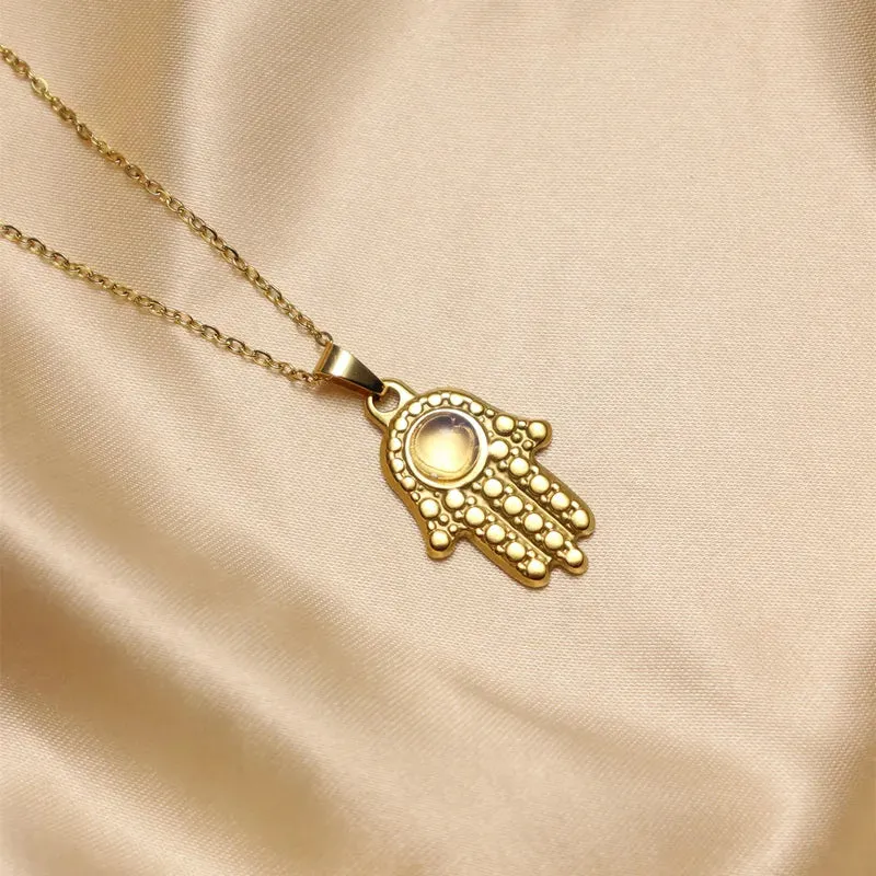 304 Stainless Steel 18K Gold Plated IG Style Inlay Devil's Eye Palm Natural Stone Pendant Necklace