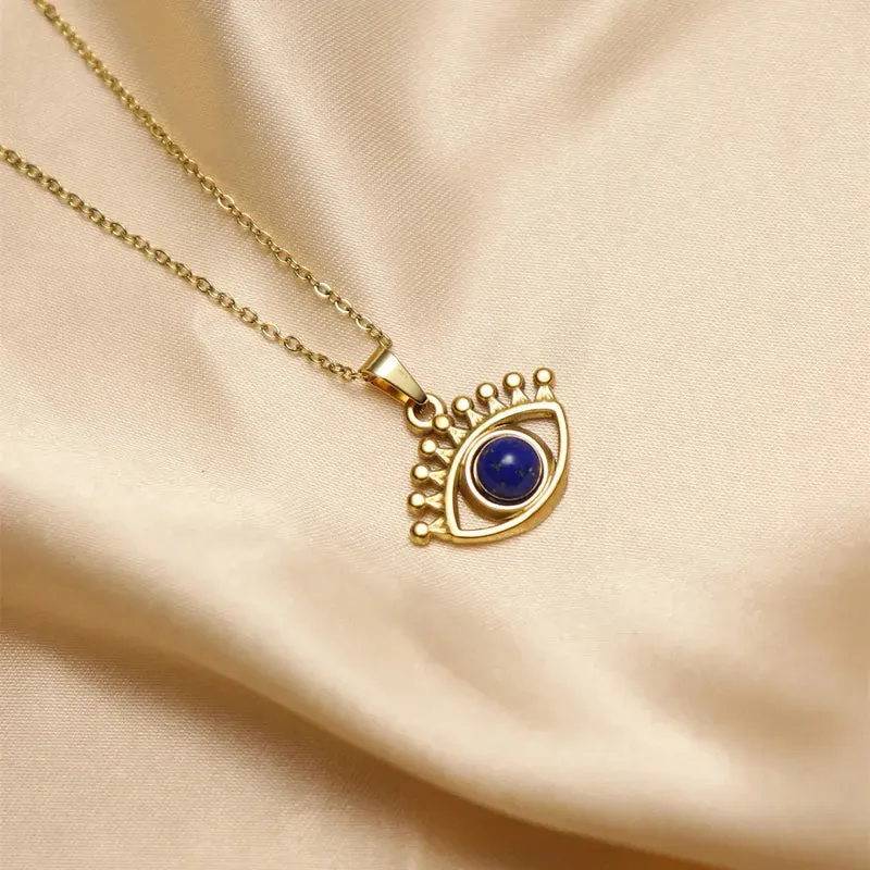 304 Stainless Steel 18K Gold Plated IG Style Inlay Devil's Eye Palm Natural Stone Pendant Necklace