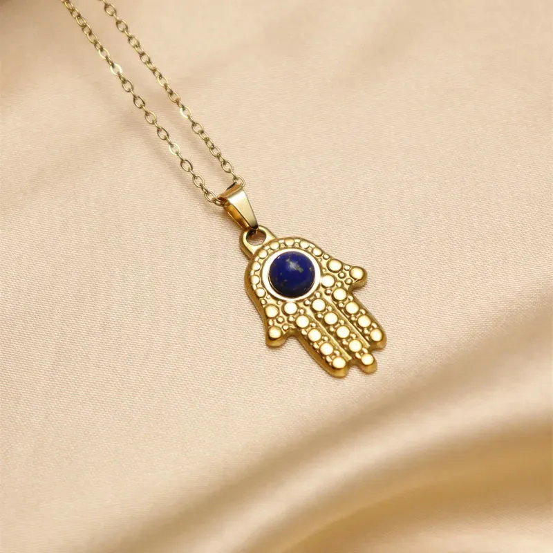 304 Stainless Steel 18K Gold Plated IG Style Inlay Devil's Eye Palm Natural Stone Pendant Necklace
