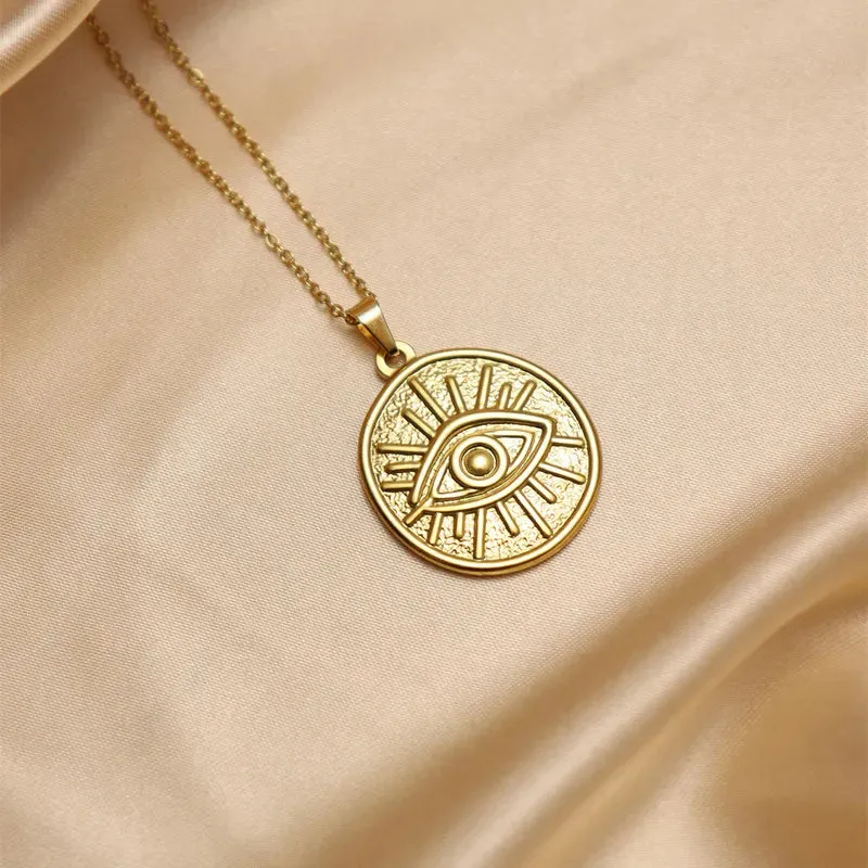 304 Stainless Steel 18K Gold Plated IG Style Inlay Devil's Eye Palm Natural Stone Pendant Necklace