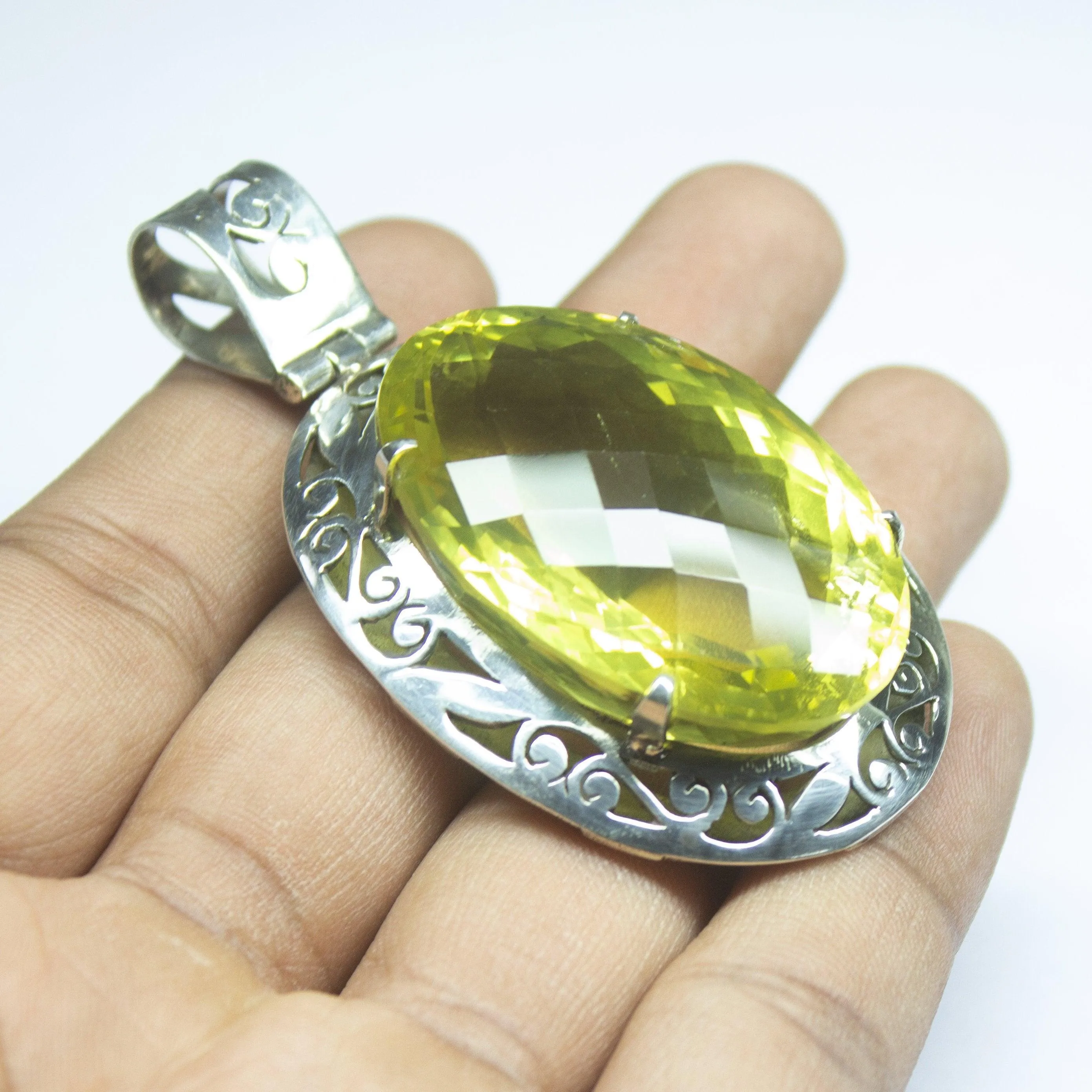 37.4g, Natural Lemon Quartz Oval Shape 925 Sterling Silver Handmade Pendant, Quartz Pendant, Handmade Jewelry