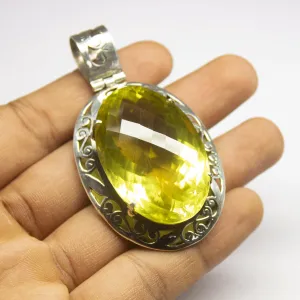 37.4g, Natural Lemon Quartz Oval Shape 925 Sterling Silver Handmade Pendant, Quartz Pendant, Handmade Jewelry