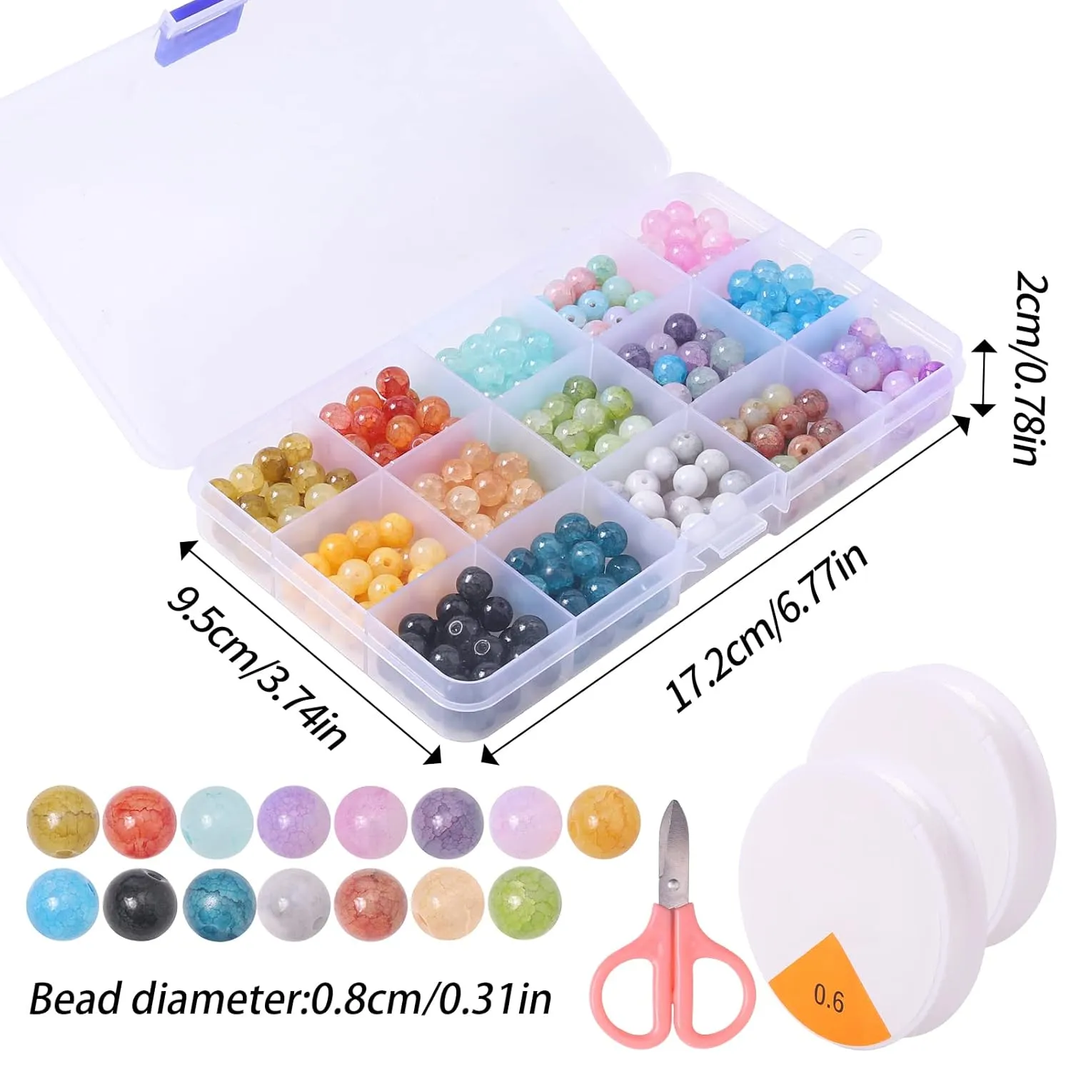 375 Pcs 8MM Crackle Round Glass Beads 15 Grid DIY Box Kit For Jewellery Making