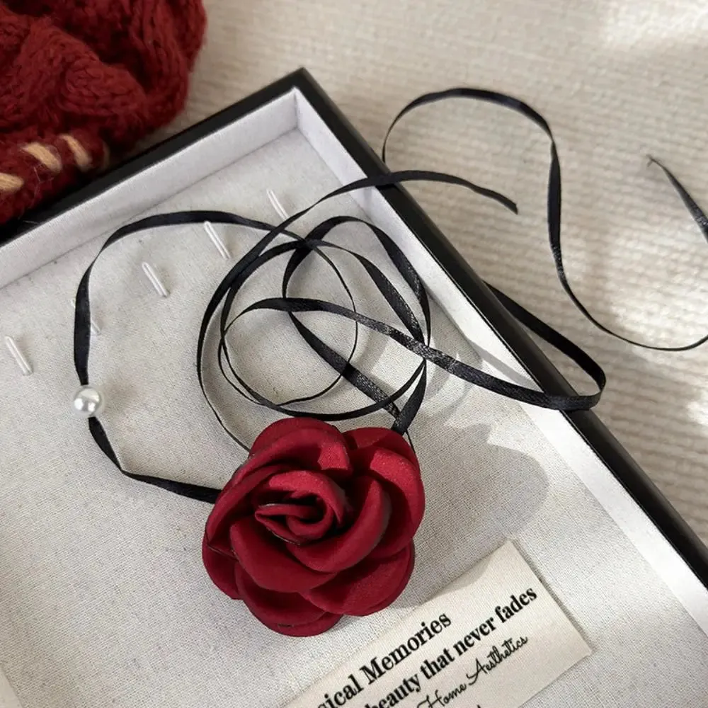 3D Rose Flower Women Choker Necklace Retro Black White Elegant Lace Up Rose Necklace Strappy Collar Necklace Party Supplies