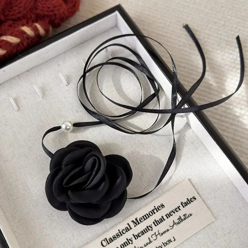3D Rose Flower Women Choker Necklace Retro Black White Elegant Lace Up Rose Necklace Strappy Collar Necklace Party Supplies