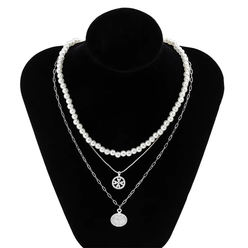 3pcs/Set Hollow Out Cross Flower Coin Pendant Beaded Necklaces