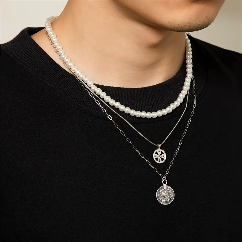 3pcs/Set Hollow Out Cross Flower Coin Pendant Beaded Necklaces