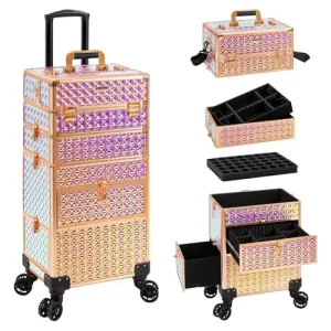 4 in 1 Rolling Makeup Case with Drawers, Multi-functional Cosmetic Trolley with Wheels and Keys, Large Storage Traveling Cart Trunk for Nail Technicians, Makeup Artist and Hairstylist, Colorful