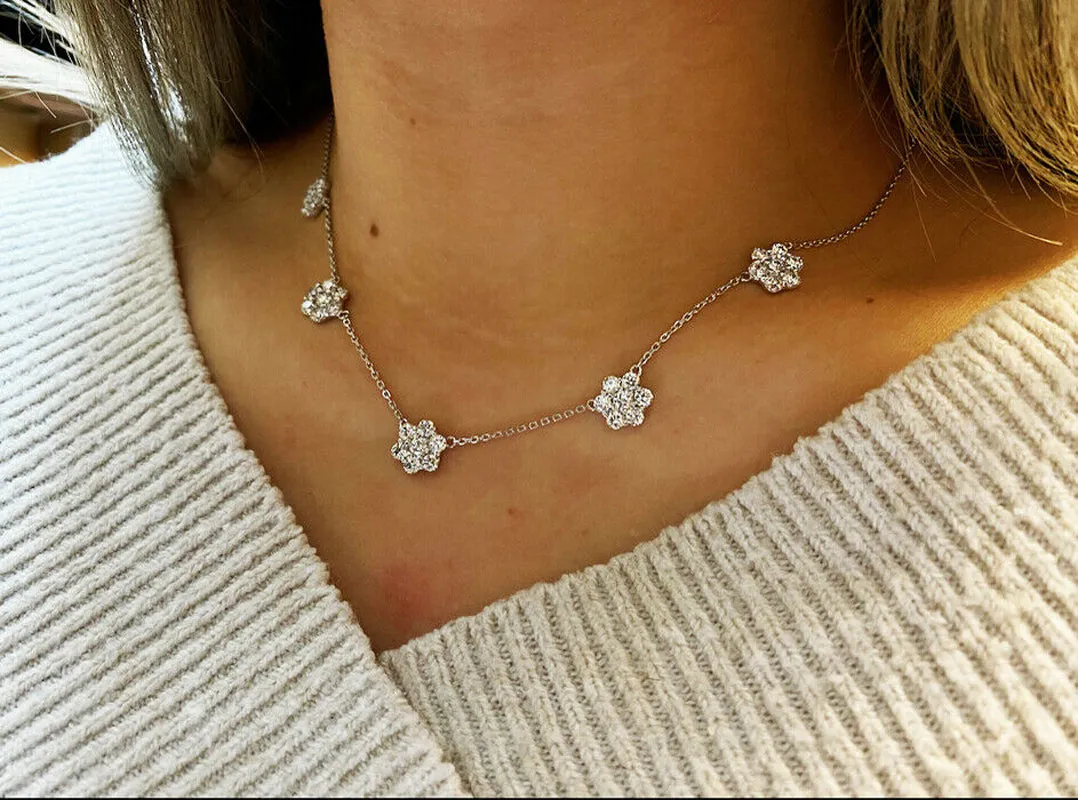 4.04 Carat Diamond Cluster Flower Necklace G SI 14K White Gold 18'' chain