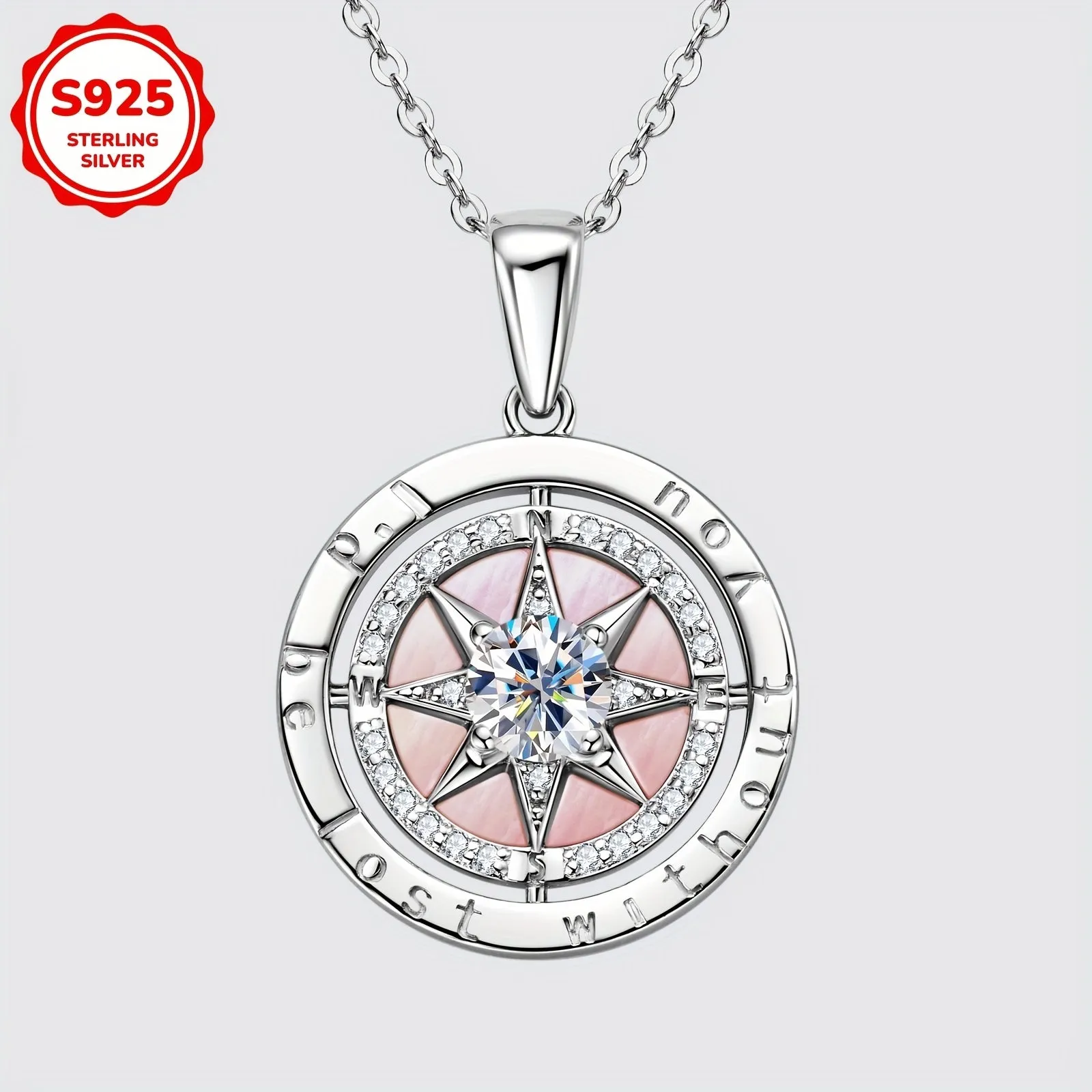 925 Silver Compass Pendant Necklace Graduation Gift 45 4.88g 4.5mm Zirconia