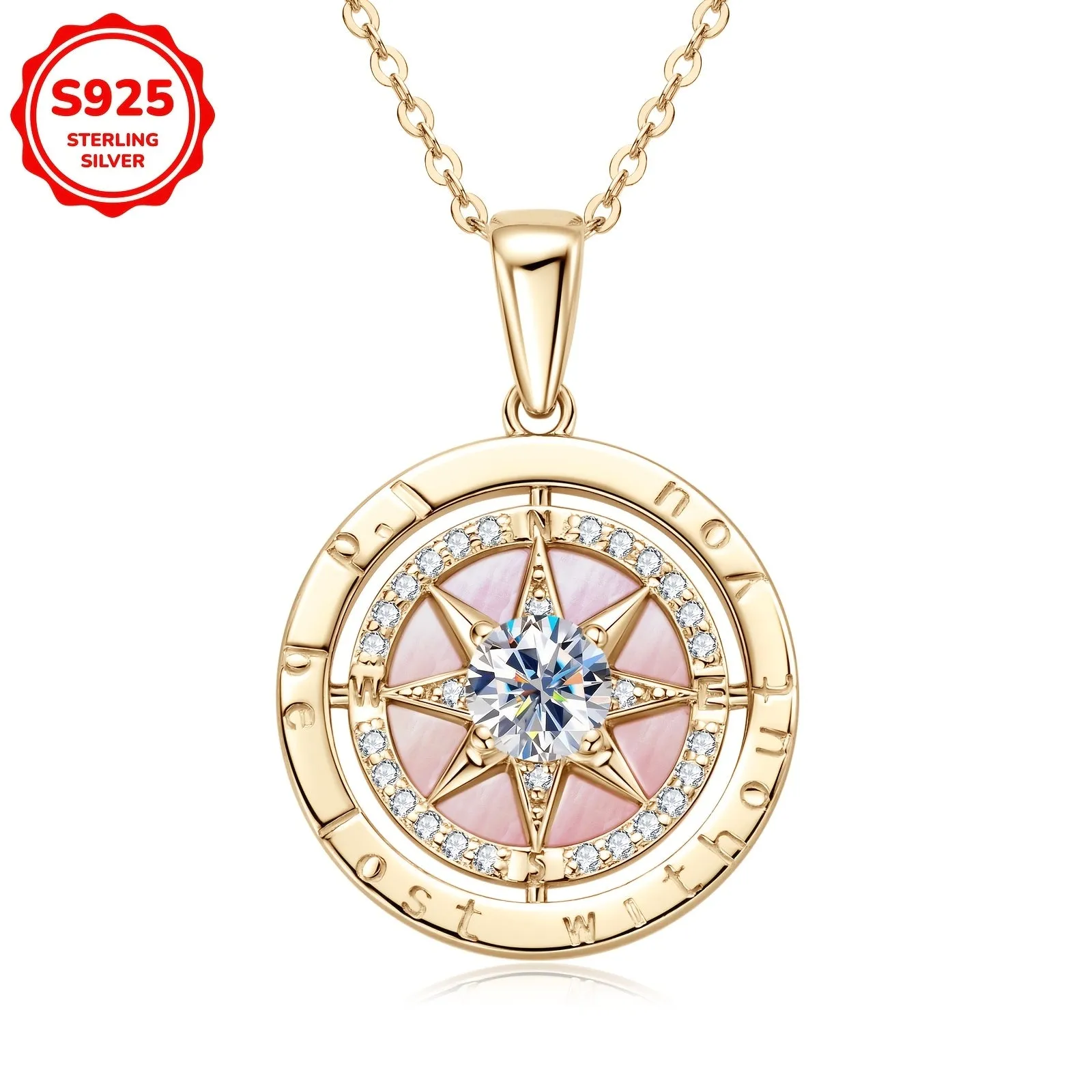 925 Silver Compass Pendant Necklace Graduation Gift 45 4.88g 4.5mm Zirconia