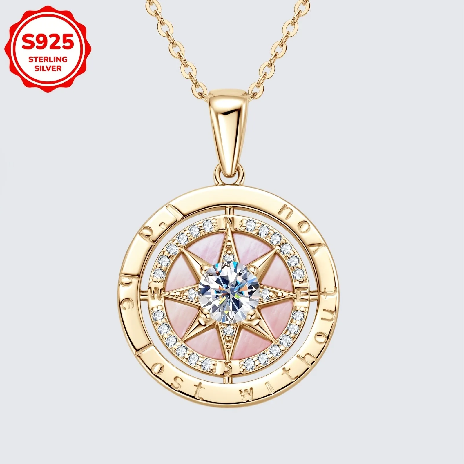 925 Silver Compass Pendant Necklace Graduation Gift 45 4.88g 4.5mm Zirconia
