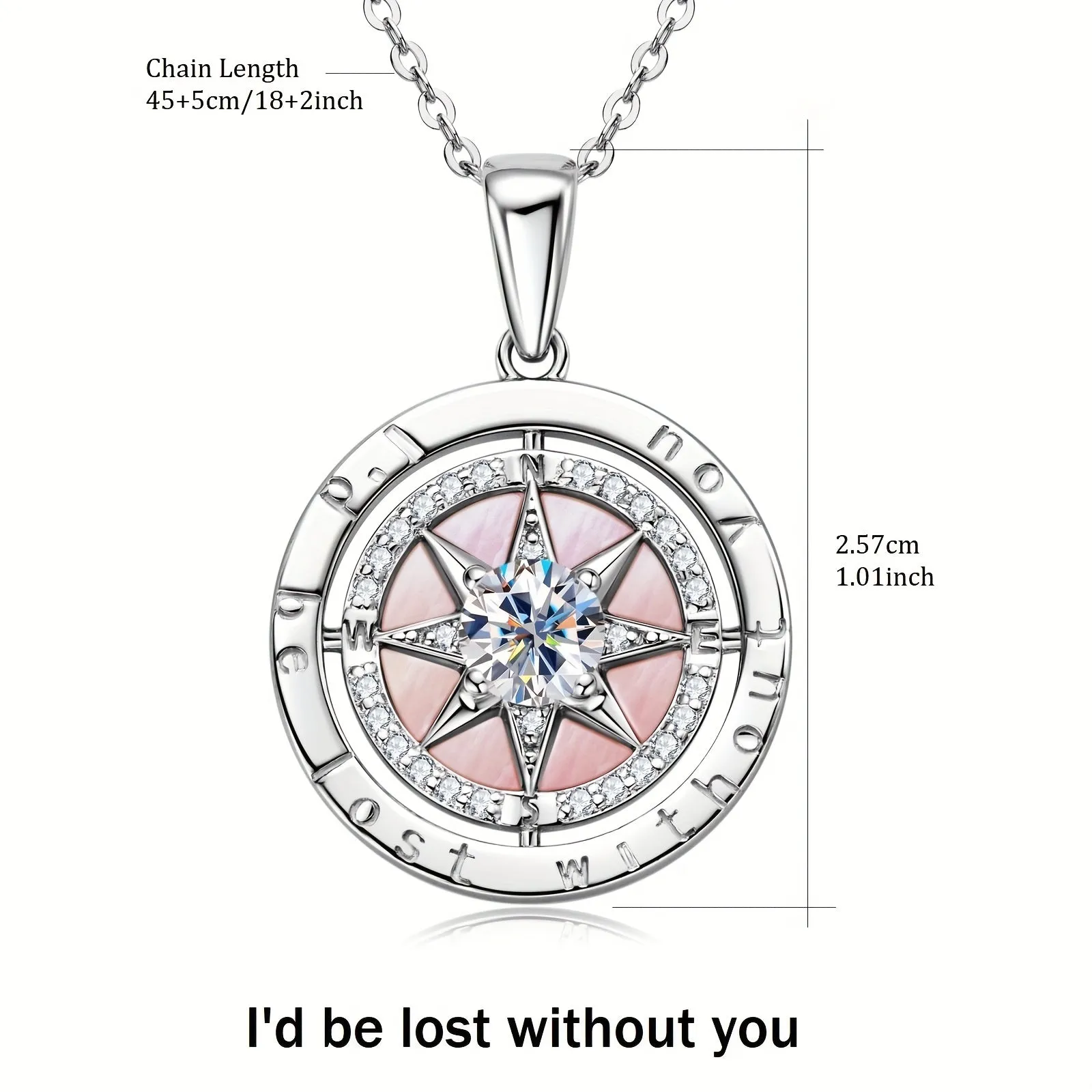 925 Silver Compass Pendant Necklace Graduation Gift 45 4.88g 4.5mm Zirconia