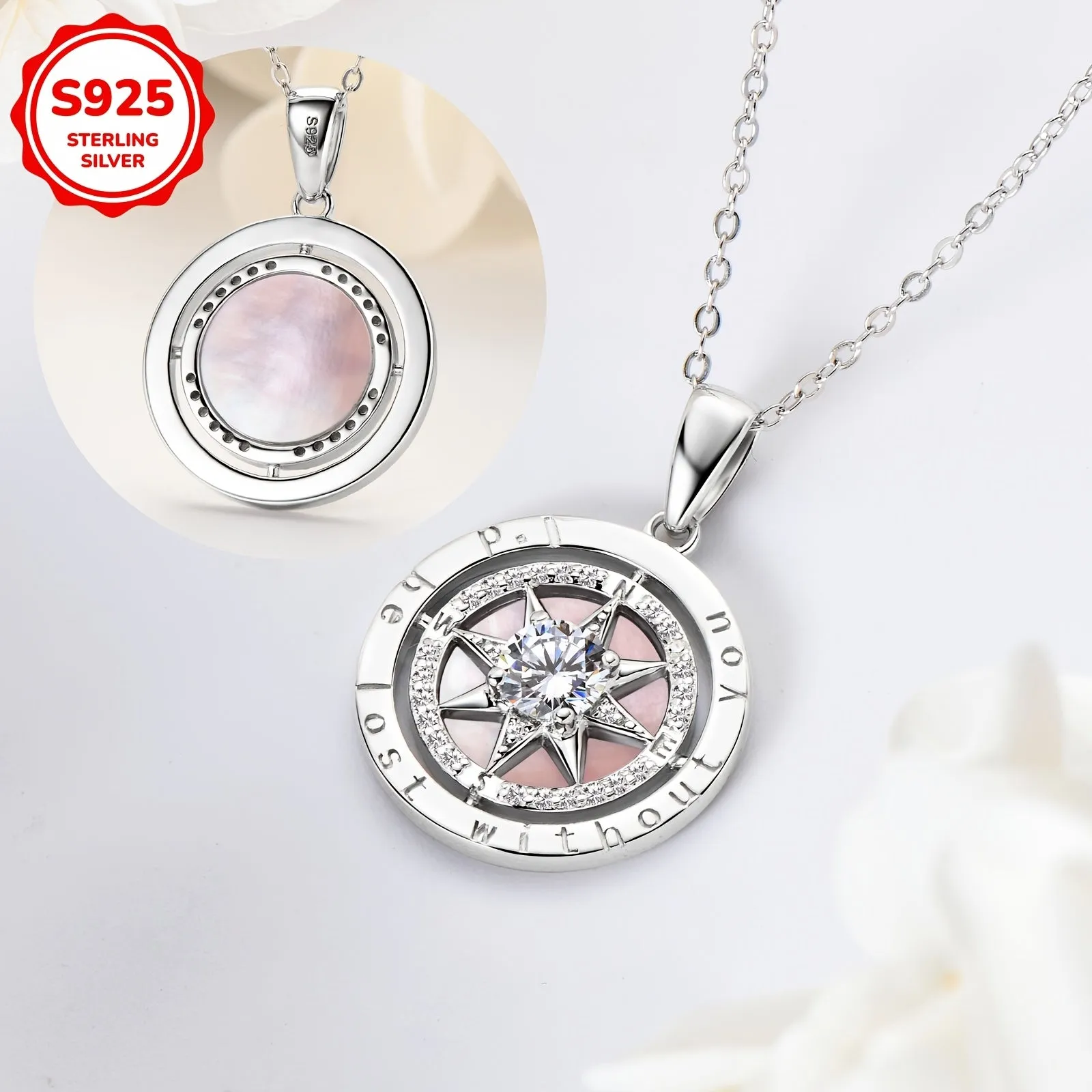 925 Silver Compass Pendant Necklace Graduation Gift 45 4.88g 4.5mm Zirconia