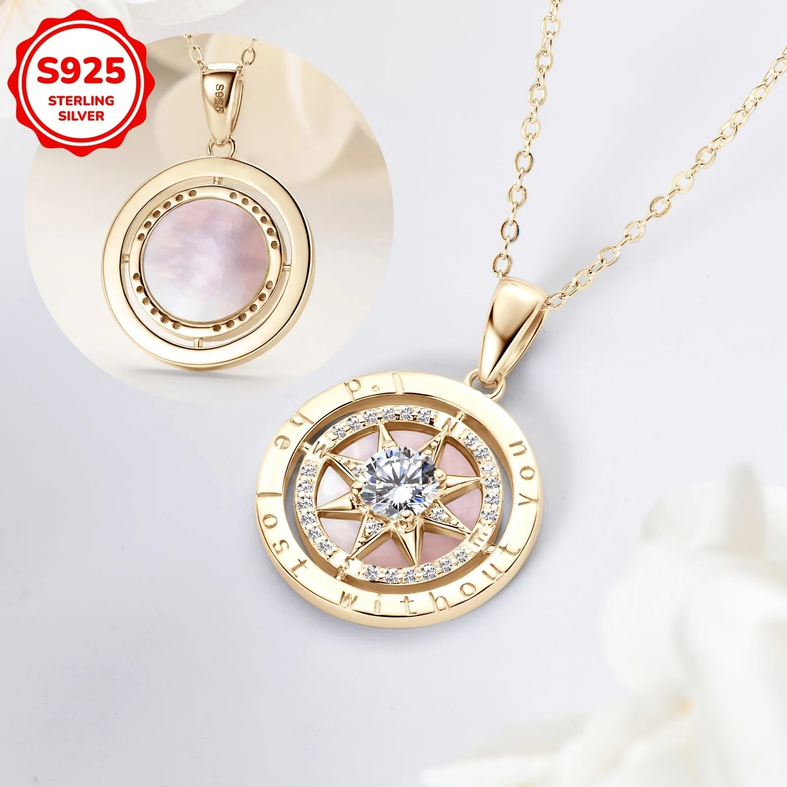 925 Silver Compass Pendant Necklace Graduation Gift 45 4.88g 4.5mm Zirconia