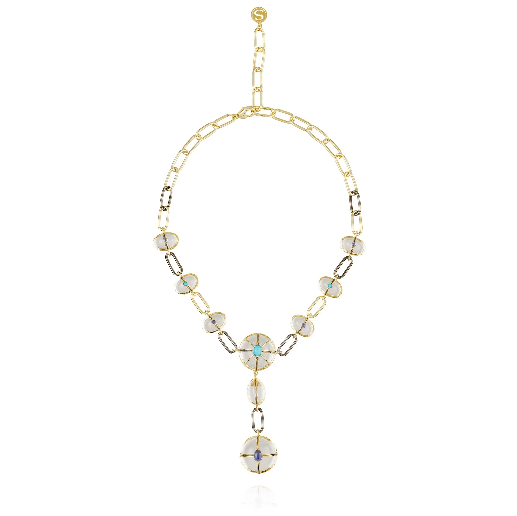 925 Silver Necklace with Quartz, Turquoise, & Iolite