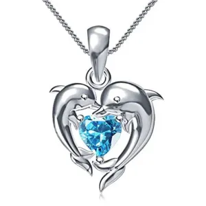 925 Sterling Silver Dolphin Blue Heart CZ Necklace