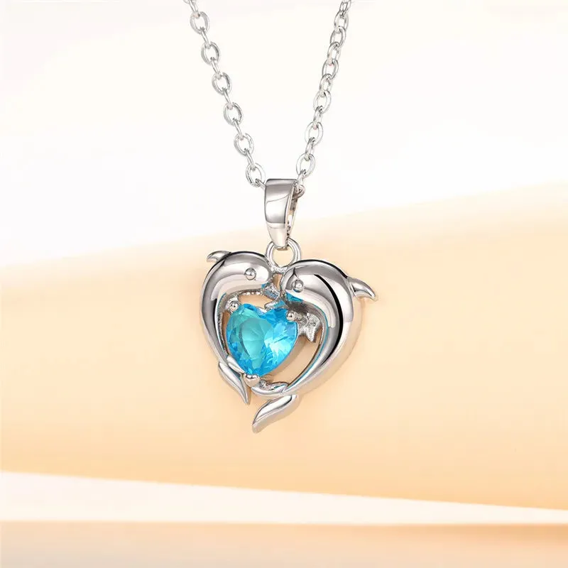 925 Sterling Silver Dolphin Blue Heart CZ Necklace