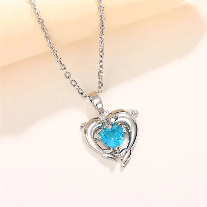 925 Sterling Silver Dolphin Blue Heart CZ Necklace