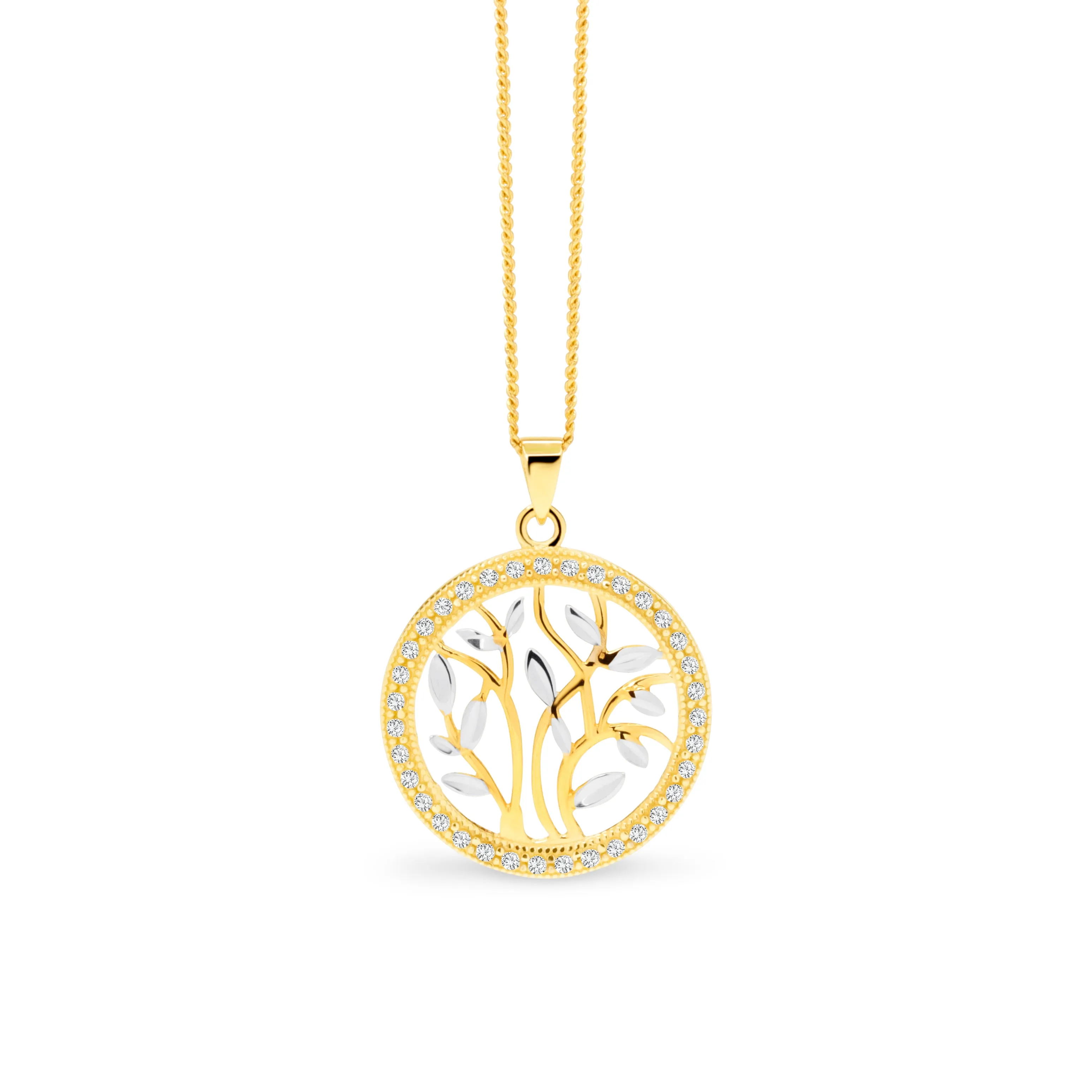 9ct Two Tone Circle Pendant with Tree Vines GPEN019