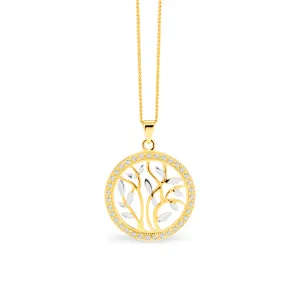 9ct Two Tone Circle Pendant with Tree Vines GPEN019