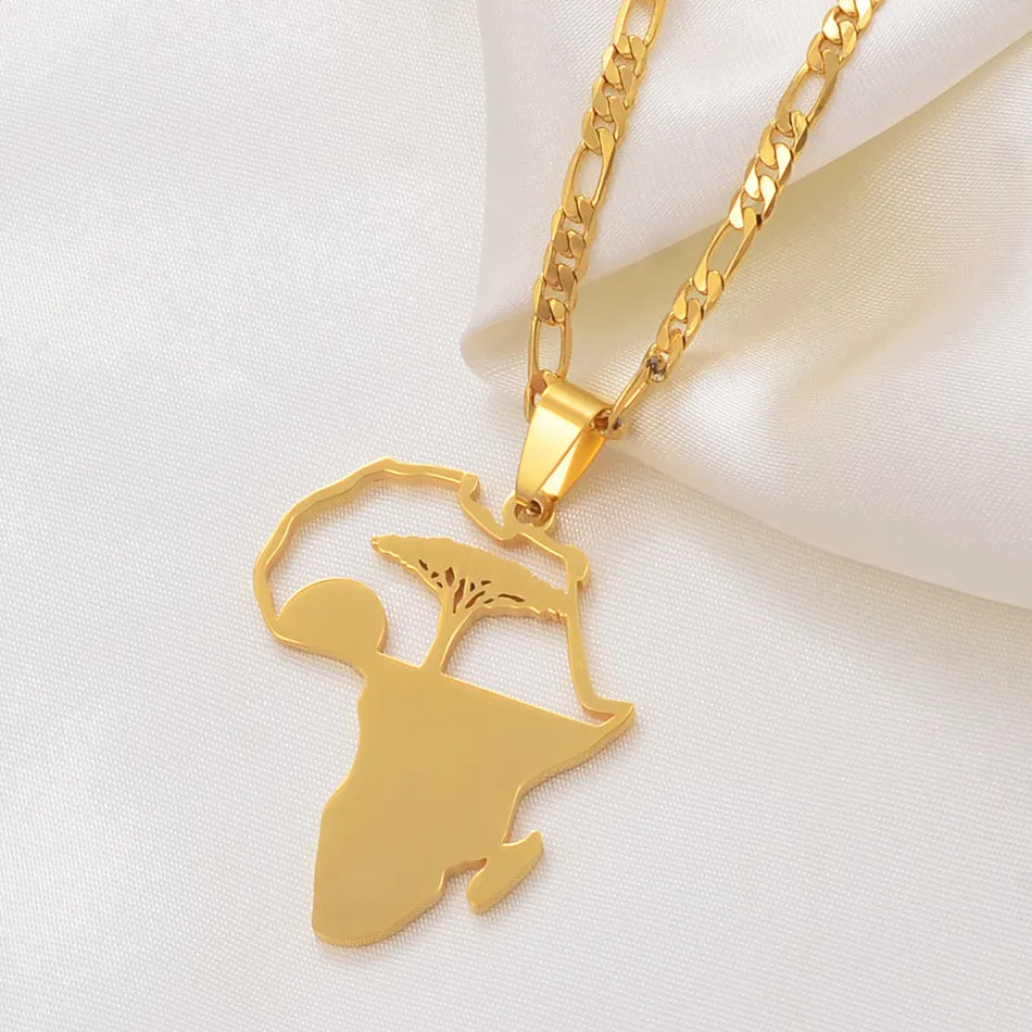 africa necklace/ African Tree & Sunrise Pendant Necklaces for Men Women Girls