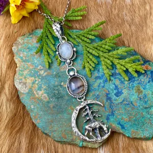 After midnight in the Pines, Deer, moonstone and Montana agate sterling silver necklace