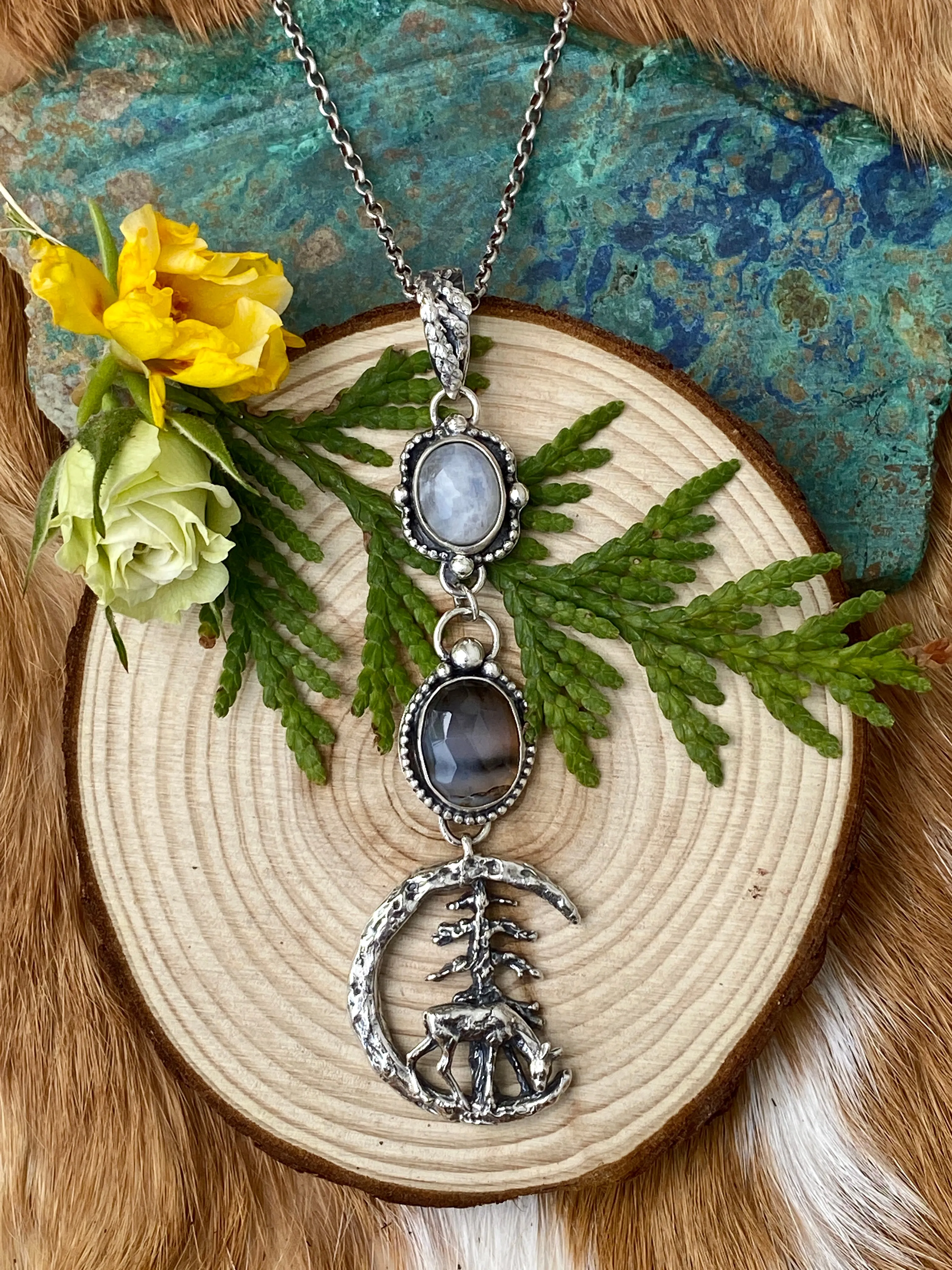 After midnight in the Pines, Deer, moonstone and Montana agate sterling silver necklace