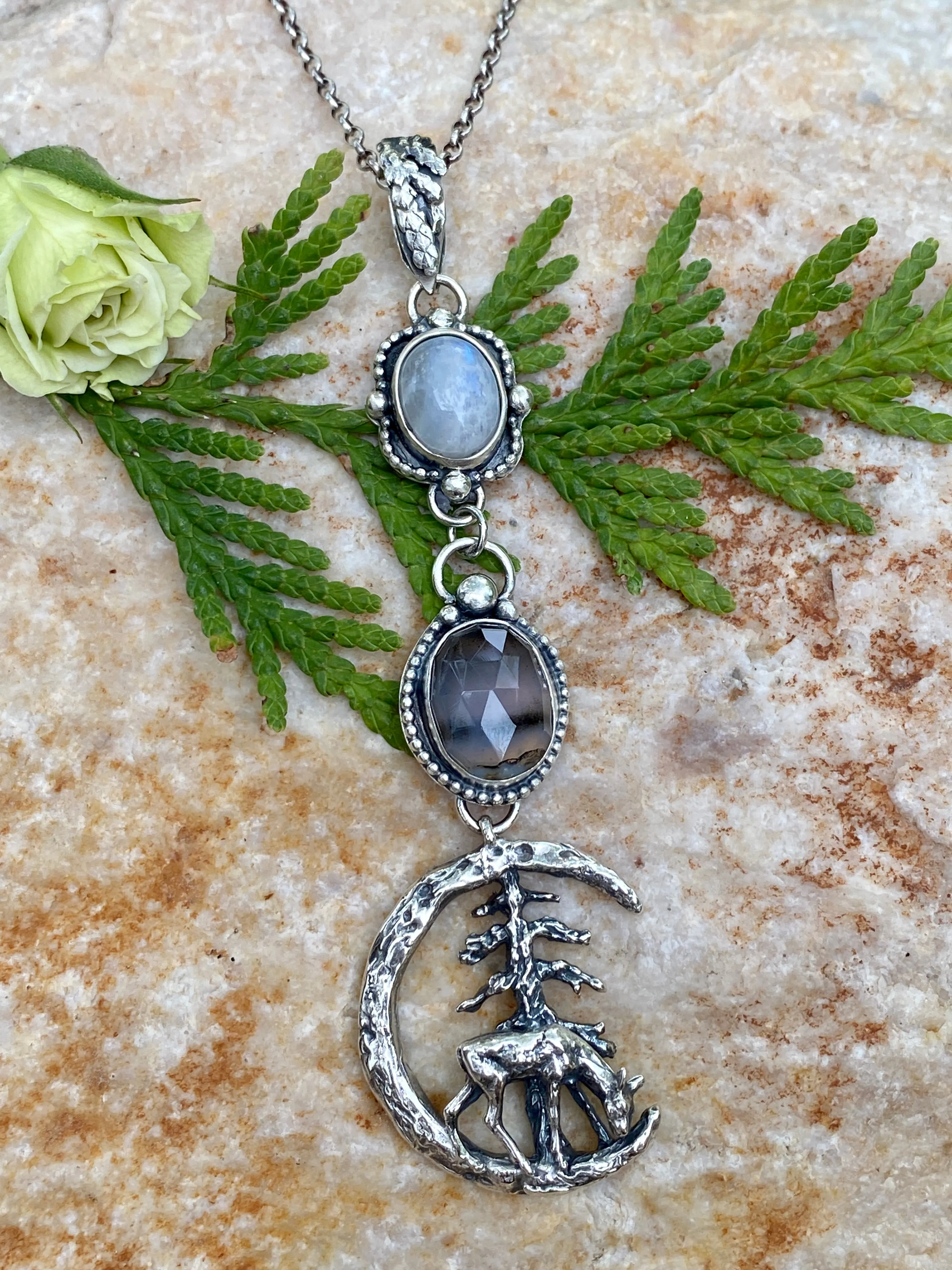 After midnight in the Pines, Deer, moonstone and Montana agate sterling silver necklace
